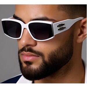 Rectangle Sunglasses White Frame Fashion Trendy‎ Sun Glasses Men Street Beach